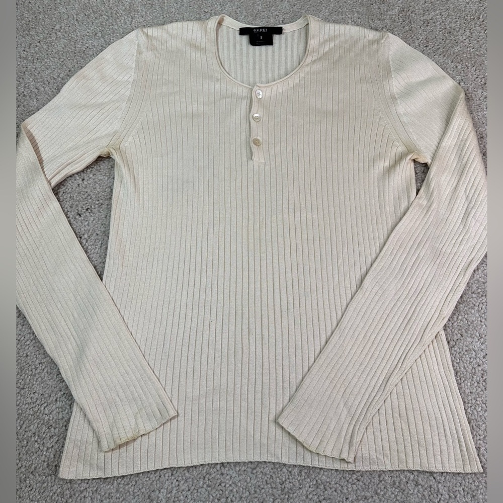 GUCCI Women’s Small 100% Silk Knit Henley Neck Long Sleeve Shirt Top Ivory Beige